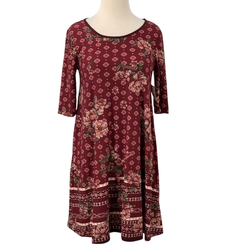NWT Derek Heart 3/4 Sleeve Pullover Swing Dress Burgundy Red Floral Size S